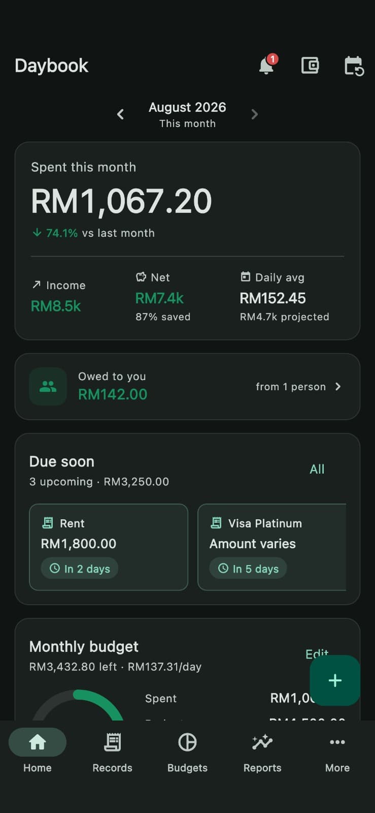Daybook's home screen, showing the month's spending, what is owed to you, and bills due soon.
